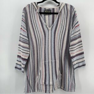 Natural Reflections Knit V-Neck Blouse Cream Stripe Cotton Hooded L